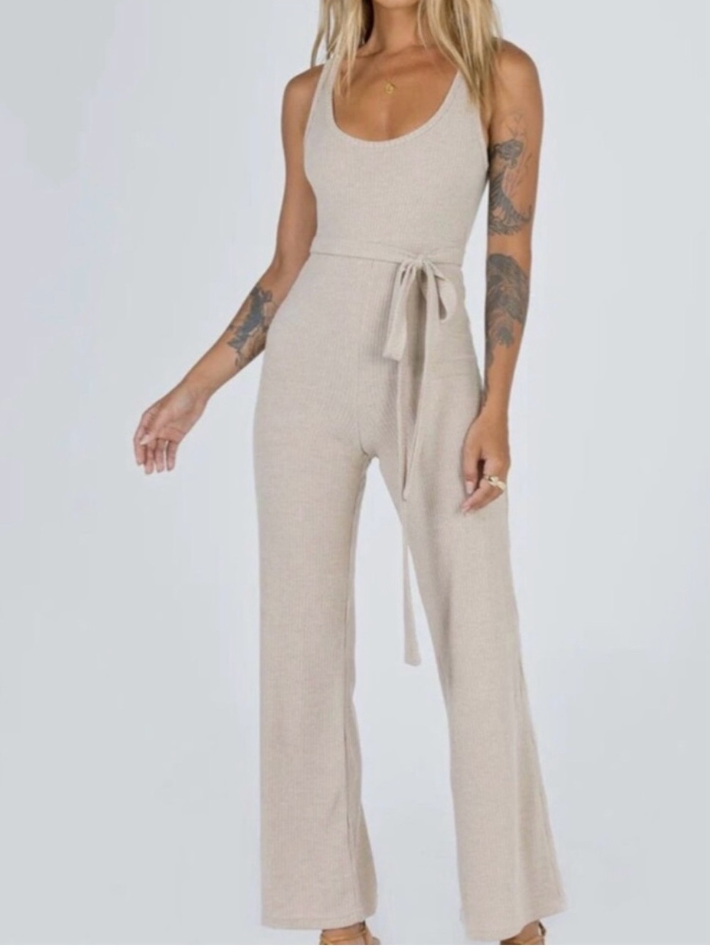Princess Polly Ribbed Tank Jumpsuit in Beige Size 2